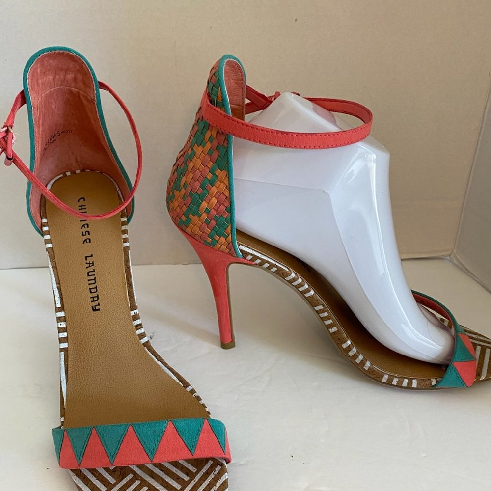 Chinese Laundry Coral & Teal Basket Weaved Heels
